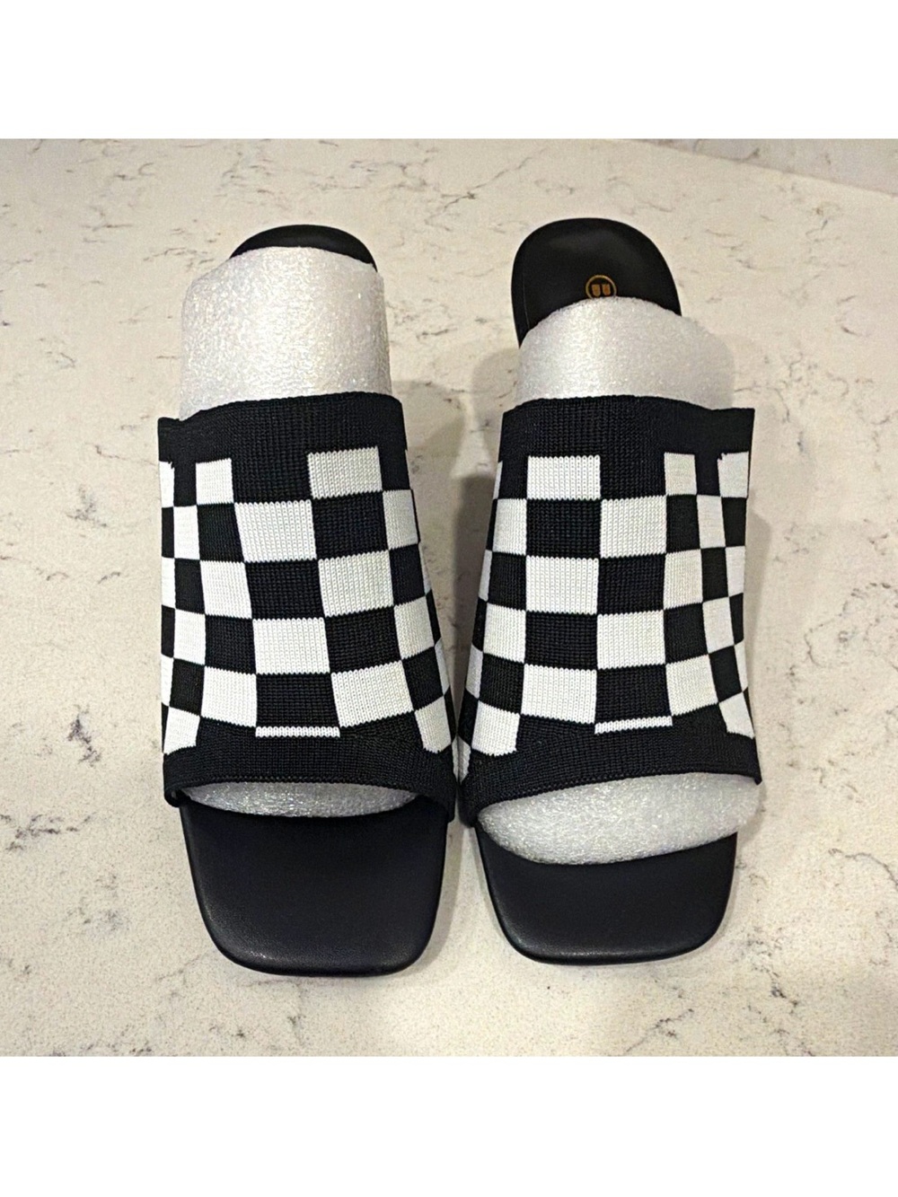 Newbella Checkerboard Knit Slide Sandals in Black and White Size 8.5